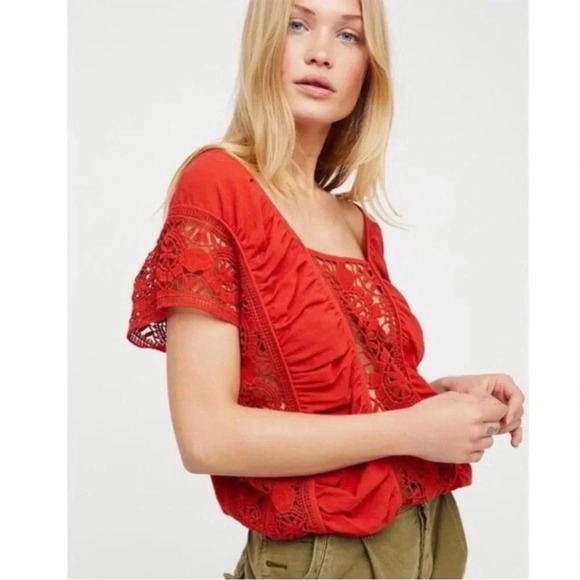Free People little secret Open Crochet Paneled Cotton Gauze Boho Blouse size m - Picture 1 of 4